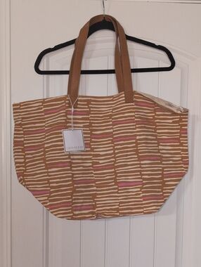 Shiraleah Tan Canvas Tote with Pink & Cream Stripe Detail